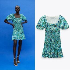 ZARA Blue Green Floral Smocked Dress Puff Sleeve 100% Cotton Size Small